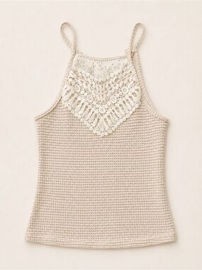 Women’s Crochet Lace-Trim Tank Top in Cream and Oatmeal / Boho Inspired Halter